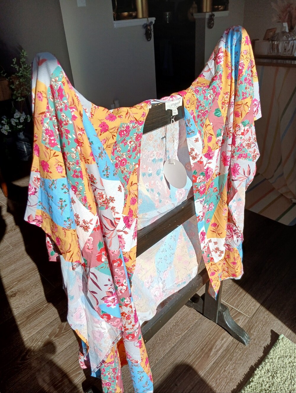 Umgee Colorblock Floral Patchwork Kimono Tunic Yellow, Blue & Pink NWT Vacation